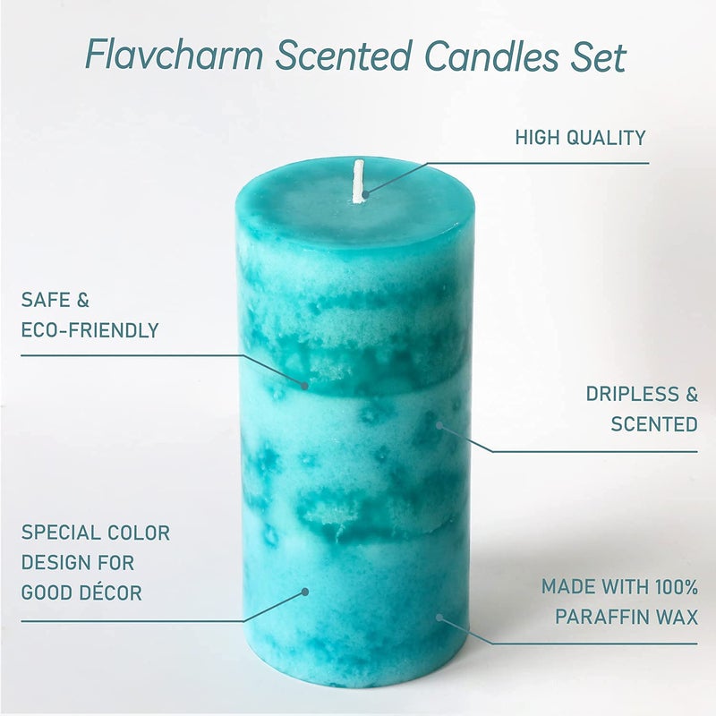 FLAVCHARM Pillar Candles Ocean Breeze Scented 3x6 inch Long-Lasting Clean Burning Candle 3 Pack Teal Turquoise Candles Coastal Themed Ocean Marine Rustic Decor for Home Bathroom Wedding - Image 4